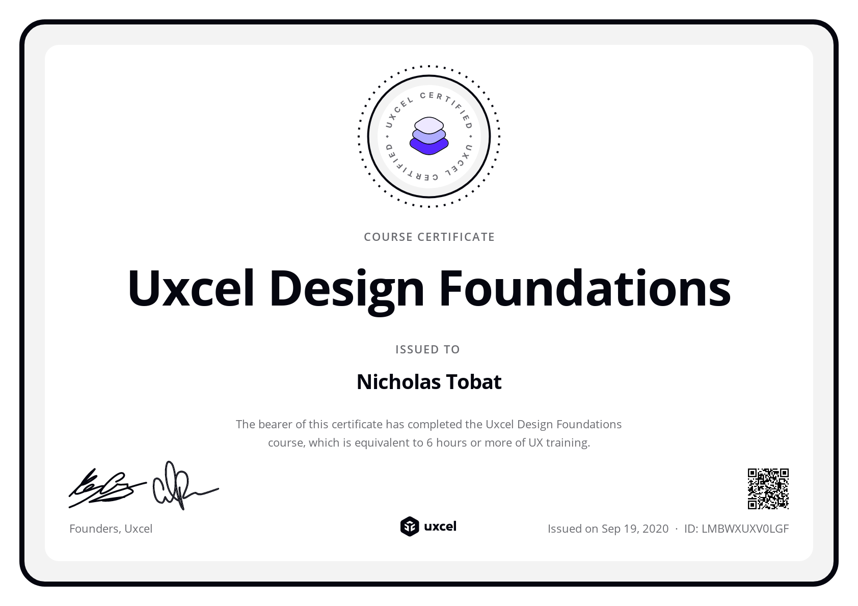 Nicholas Tobat's certificate